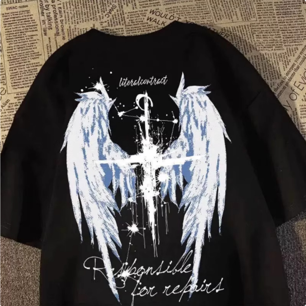 Camiseta Unissex Plus Size De Algodão, Estilo Streetwear, Com Estampa Asas Anjos, Espada E Letras Estilizadas