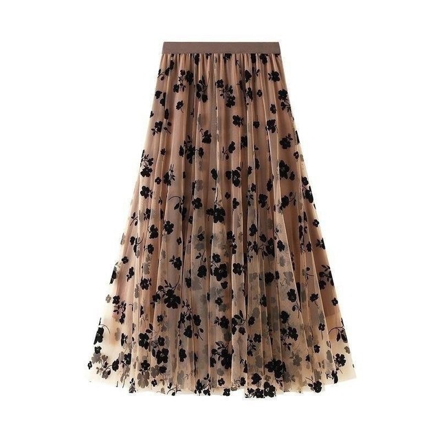 Women's Floral Flocked Mesh Skirt Summer 2026, Mid-length, Versatile, High-waisted, Slimming A-line Full-flare Skirt