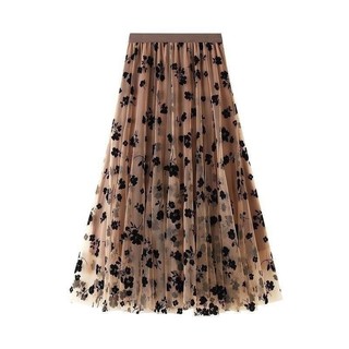 Women's Floral Flocked Mesh Skirt Summer 2026, Mid-length, Versatile, High-waisted, Slimming A-line Full-flare Skirt