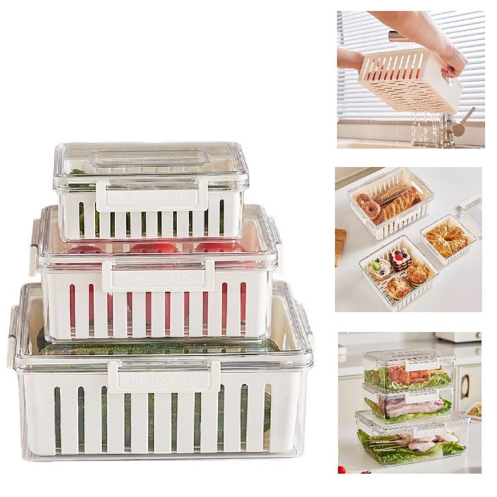 KIT 3 POTES HERMETICOS ORGANIZADOR GELADEIRA FRESH BOX CESTA ESCORREDOR REMOVIVEL ACRILICO MARMITA
