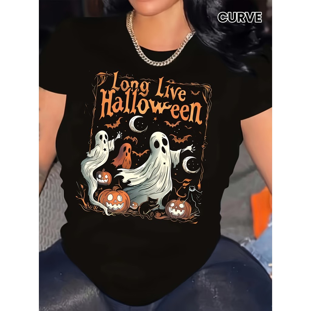Bonito Camiseta Casual Feminina De Algodão Com Estampa De Fantasma E Abóbora De Halloween E Texto "Hello Halloween"