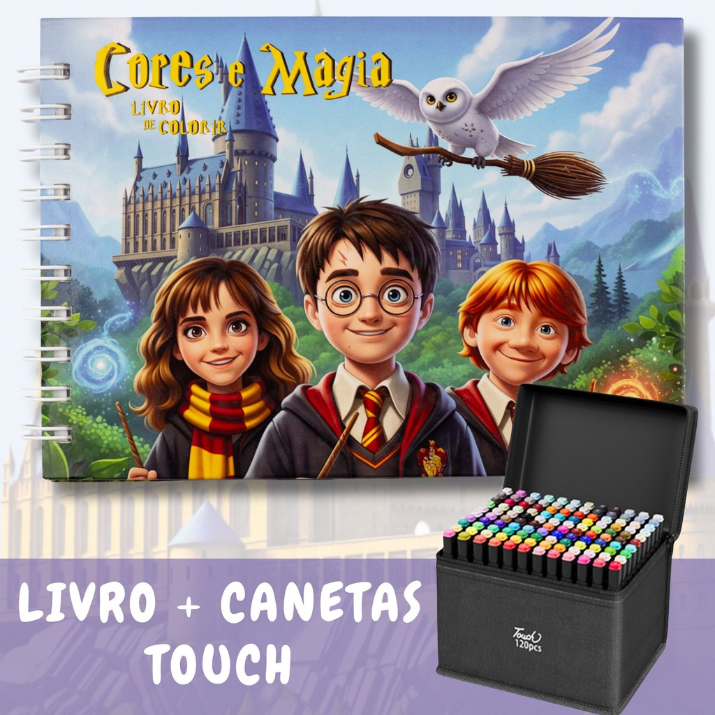 Kit Caneta Marcadora + Livro de Colorir Harry Potter 50 Desenhos Premium Capa Dura em Oferta na Shopee