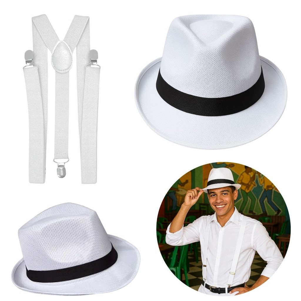 Chapéu Malandro Sambista Suspensório Branco Festa Samba Fantasia Cosplay Brasil Boteco Bar