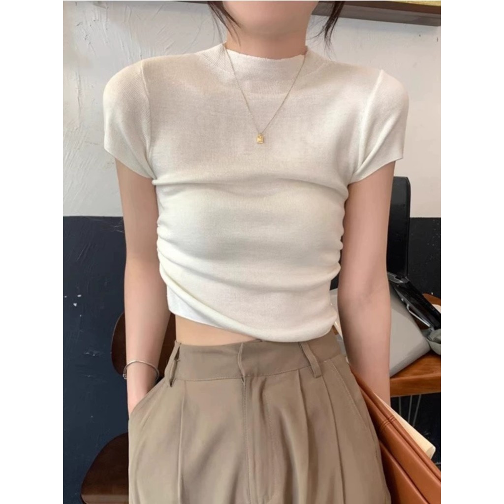 Slim-fit puro desejo quente menina branca camiseta feminina verão cintura estreita plissado meia gola alta Formal ombro