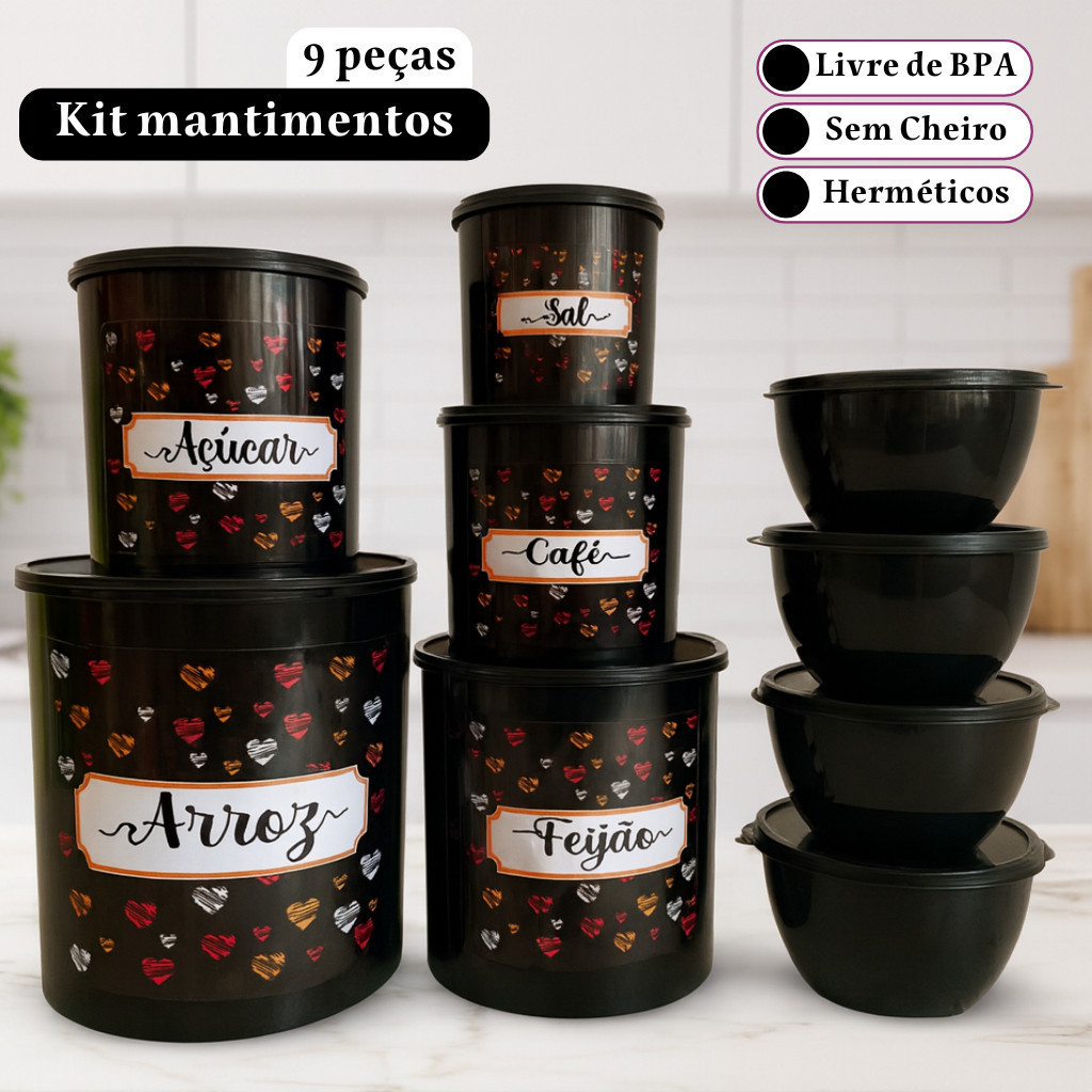 Kit potes mantimentos para cozinha 5 peças + 4 potes redondos em Oferta na Shopee