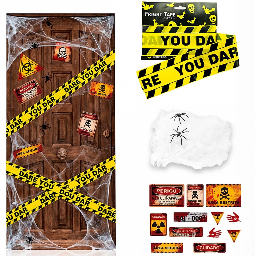 Kit Decoração Halloween Porta Parede Faixa Isolamento Placas Perigo Teia de Aranha Fake Hall Predio Apartamento Escada em Oferta na Shopee