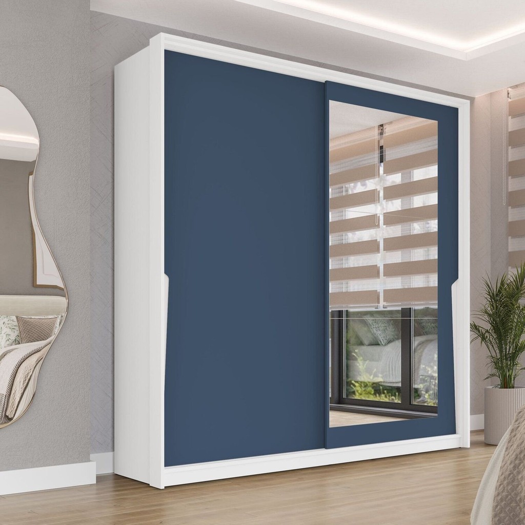 Guarda-Roupa 2 Portas de Correr 2 Gavetas com Espelho Porto Branco/Azul em Oferta na Shopee