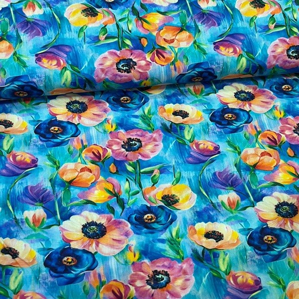 Tecido Tricoline Digital Floral Estilo Pintura Fundo Azul Turquesa