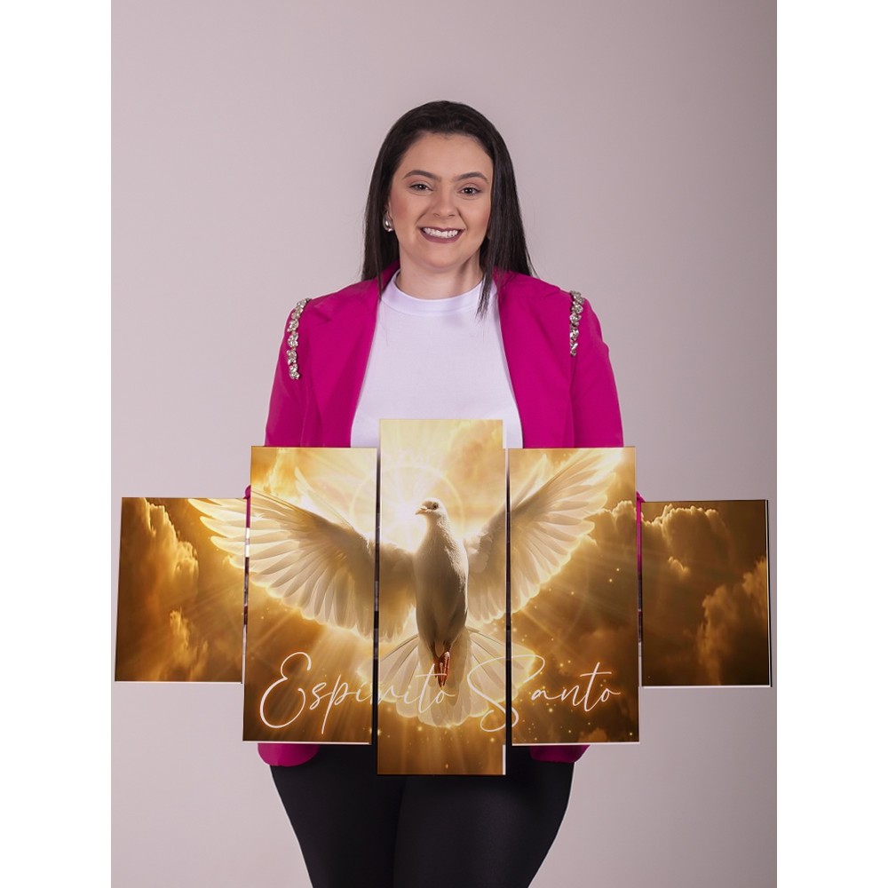 Painel Decorativo Espírito Santo 5 Partes Quadro Cristão Sala Quarto Igreja Moderno MDF Luxo