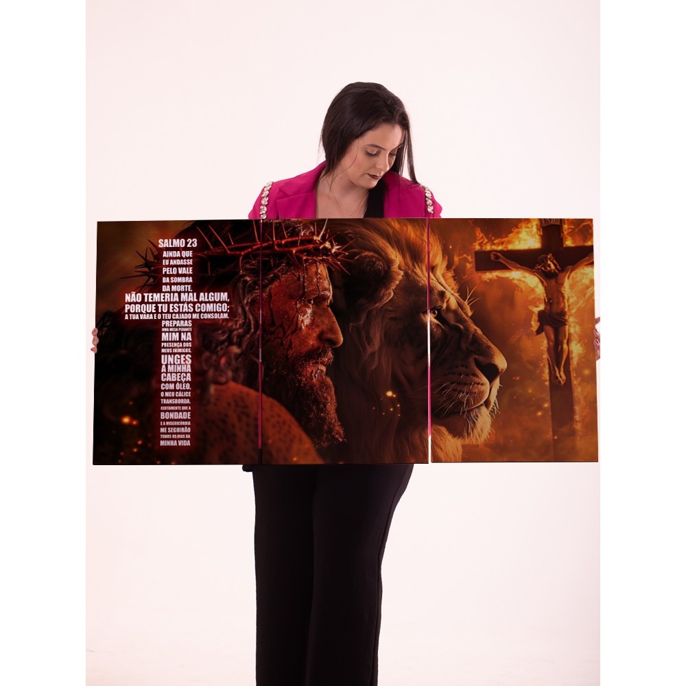 Quadro Triplo Salmo 23 Decorativo Religioso Jesus Cristo Leão Crucificação Parede Sala Igreja