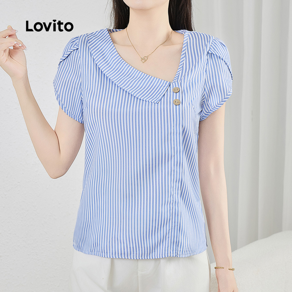Detalhes do Lovito Blusa Casual Listrada Assimétrica Primavera/verão Multicolorida Para Mulheres L134ED792