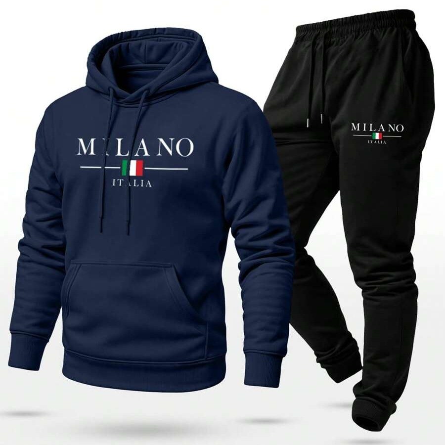 Conjunto Moletom Unissex Estampado Milano Itália Calça e Blusa Com Capuz Bolso Canguru