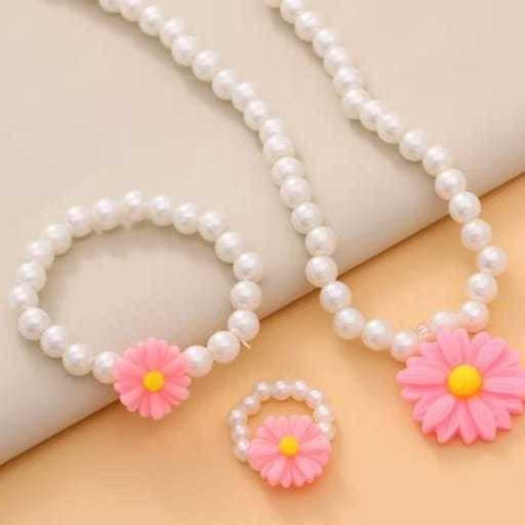 Colar/Pulseira e Anel Infantil Flor Borboleta e Laço de Miçangas Pérola Bijuterias