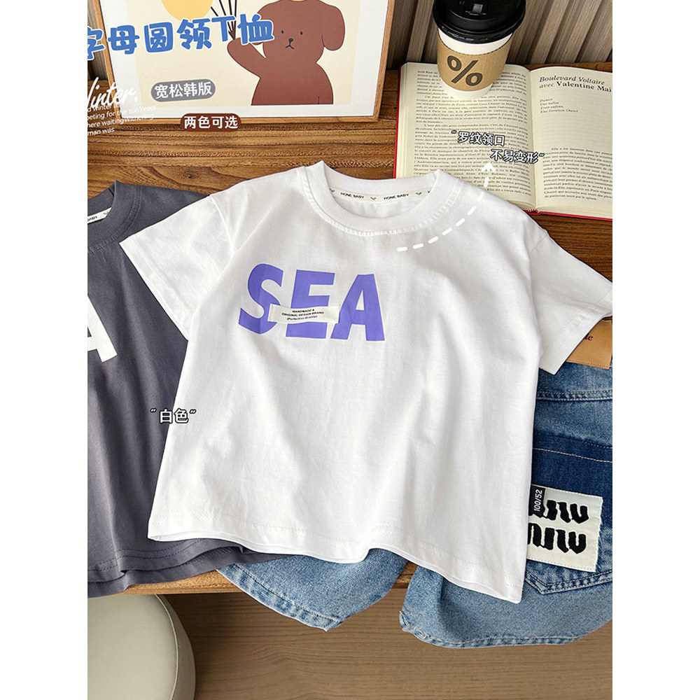 Crianças puro algodão macio solto manga curta camiseta 2026 verão novo estilo médio grande menino simples em torno do pe