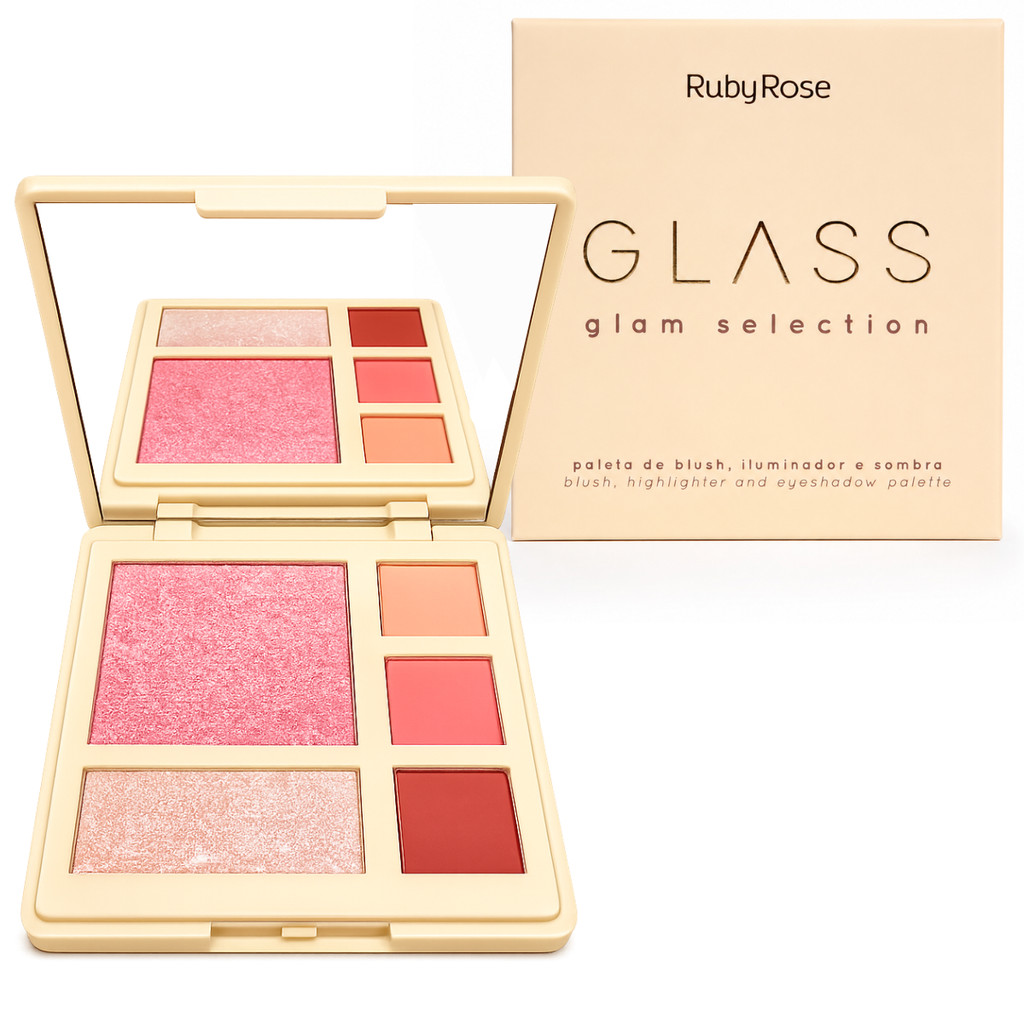 Ruby Rose Paleta de Sombras Blush e Iluminador Glass - Glam Selection