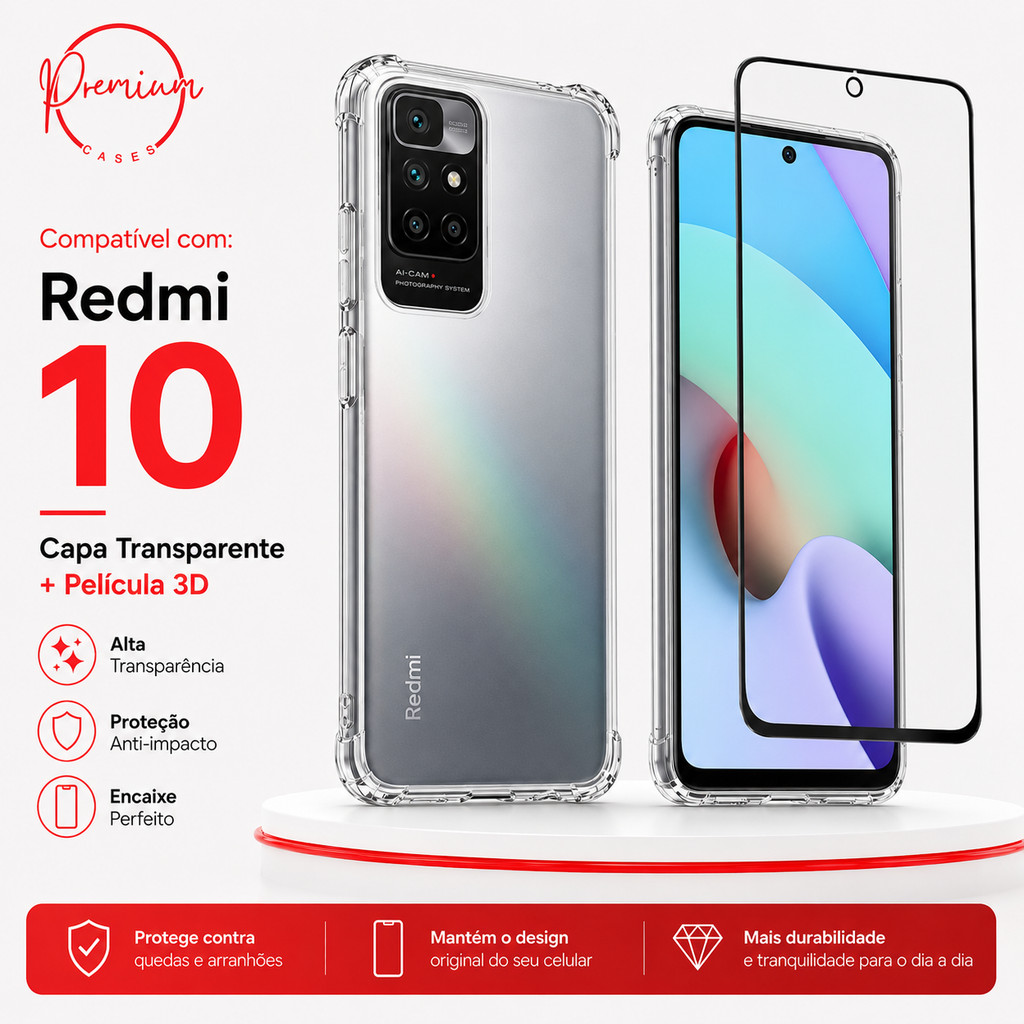 Capa Capinha Anti Impacto Para Redmi 10 + Película 3D Vidro Temperado