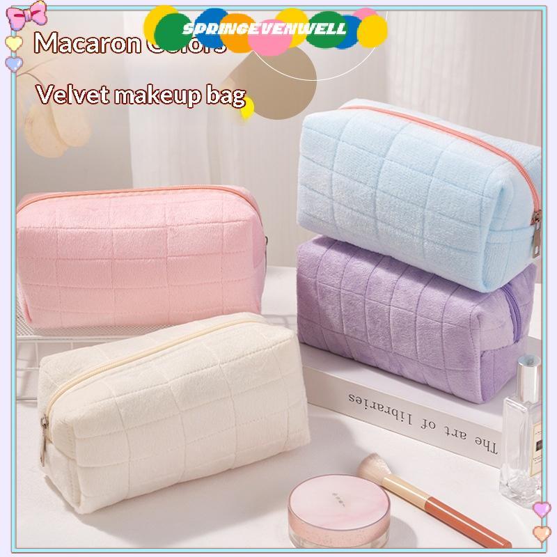 [springevenwell] Bolsa De Maquiagem De Pele Fofa Para Mulheres Com Zíper Grande De Cosméticos De Cor Sólida Higiene Viag