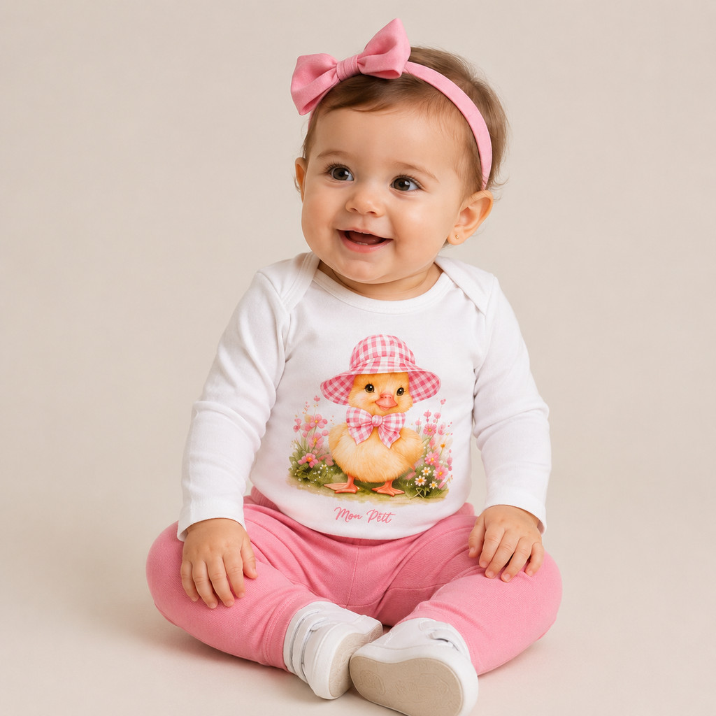 Conjunto Bebê Pintinho Floral Body Manga Longa + Calça Rosa Moon Petit