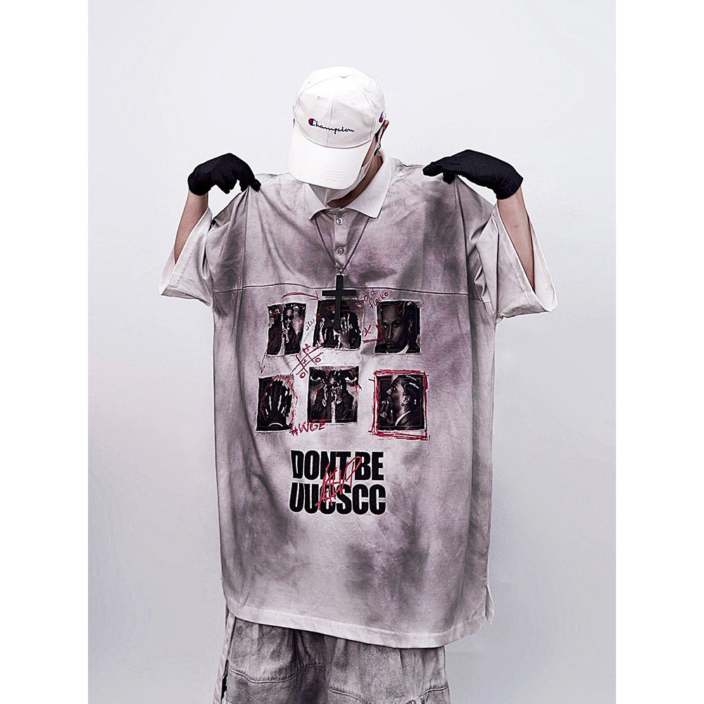 UUCSCC Hip-Hop Street Wear High Street POLO Collar Patch Camiseta de manga curta solta vintage desgastada lavada meio-
