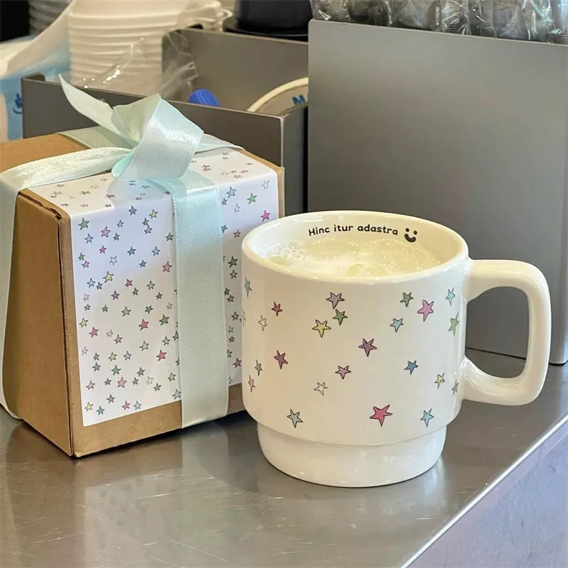 Ins estilo estrela copo de cerâmica com alça leite café da manhã copo de água de alto valor casal presente xícara de caf