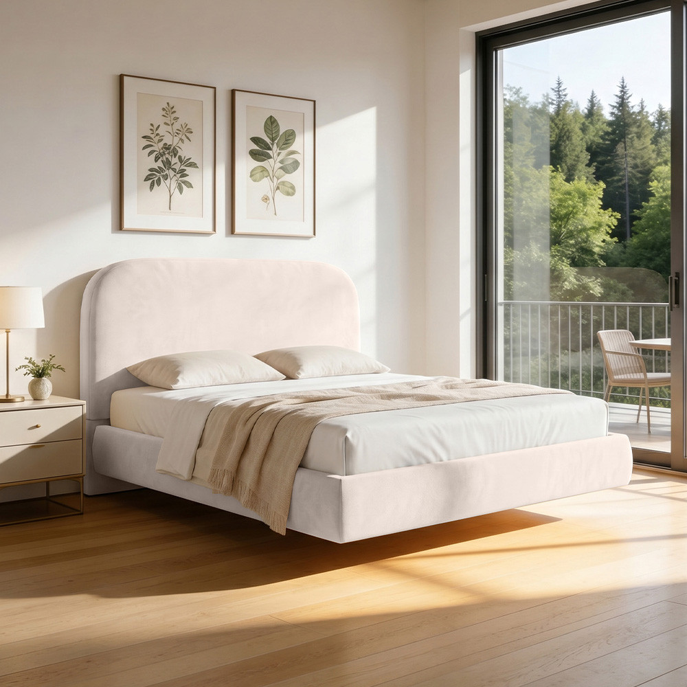 Cama Queen Flutuante Com Cabeceira 160cm Aura W01 Suede Bege - Lyam Decor