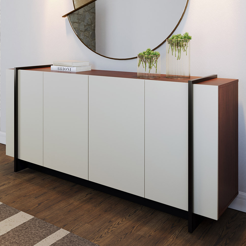 Aparador Buffet Para Sala de Jantar 4 Portas 160cm Puerto C04 Off White Nogueira Preto Fosco - Lyam Decor