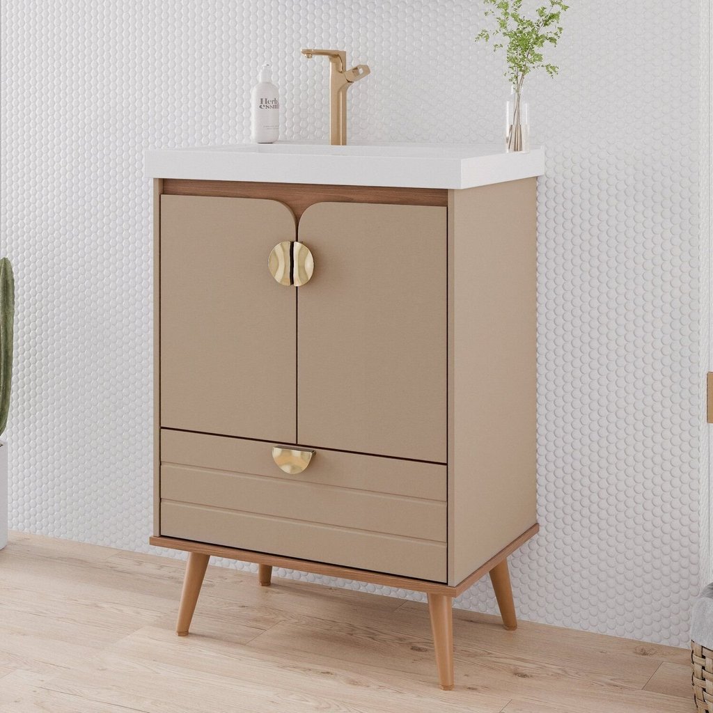 Gabinete para Banheiro 60cm com 2 Portas 1 Gaveta e Cuba de Embutir Trancoso Marrom/Cappuccino Cappuccino