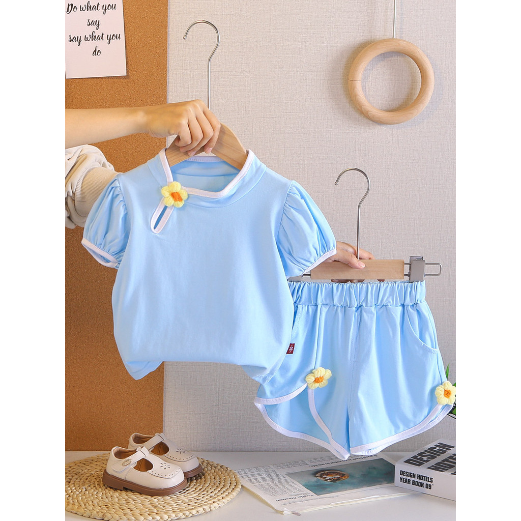 Meninas roupas de verão moda estilo chinês de manga curta terno de duas peças bebê verão moda Hanfu roupas bebê crianças