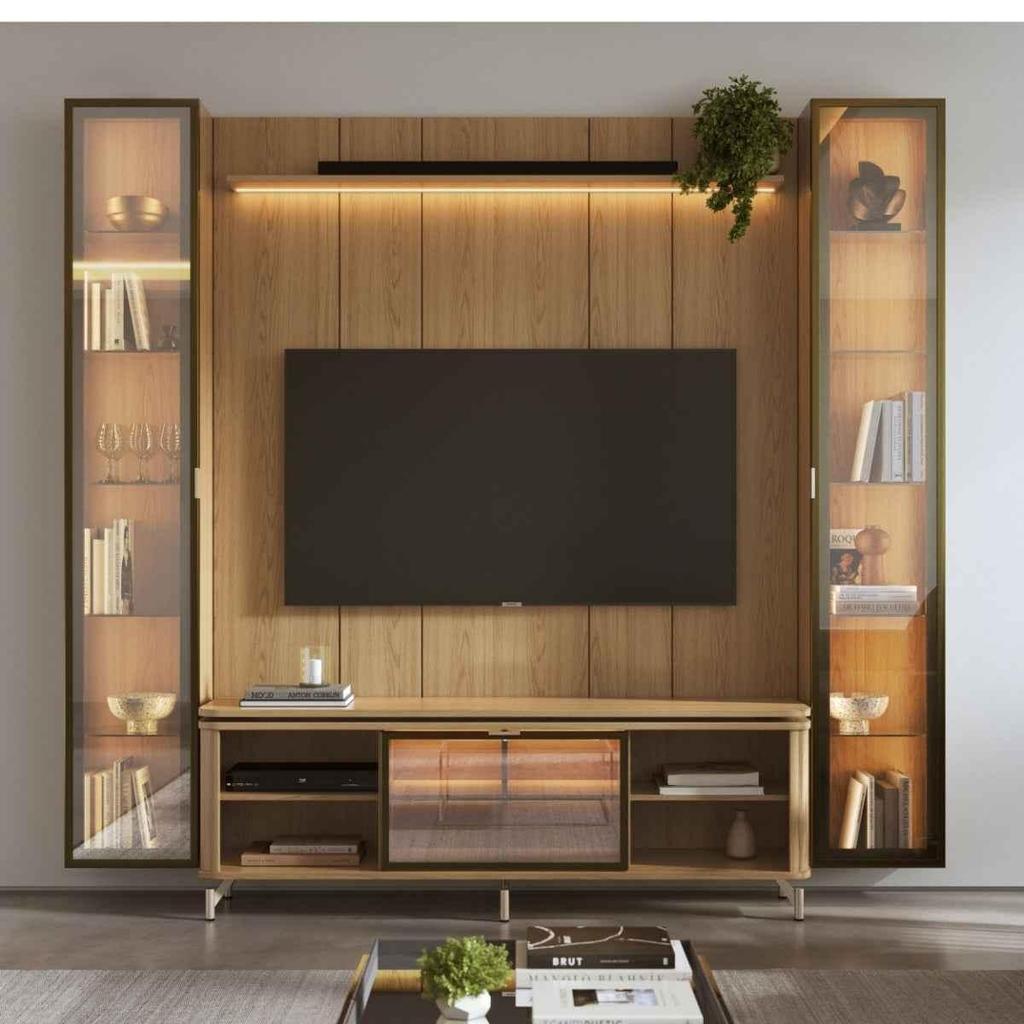 Estante para TV Home Theater até 75" 100% MDF 254cm 2 Cristaleiras Vidro Reflecta Led Interno Lincoln Float