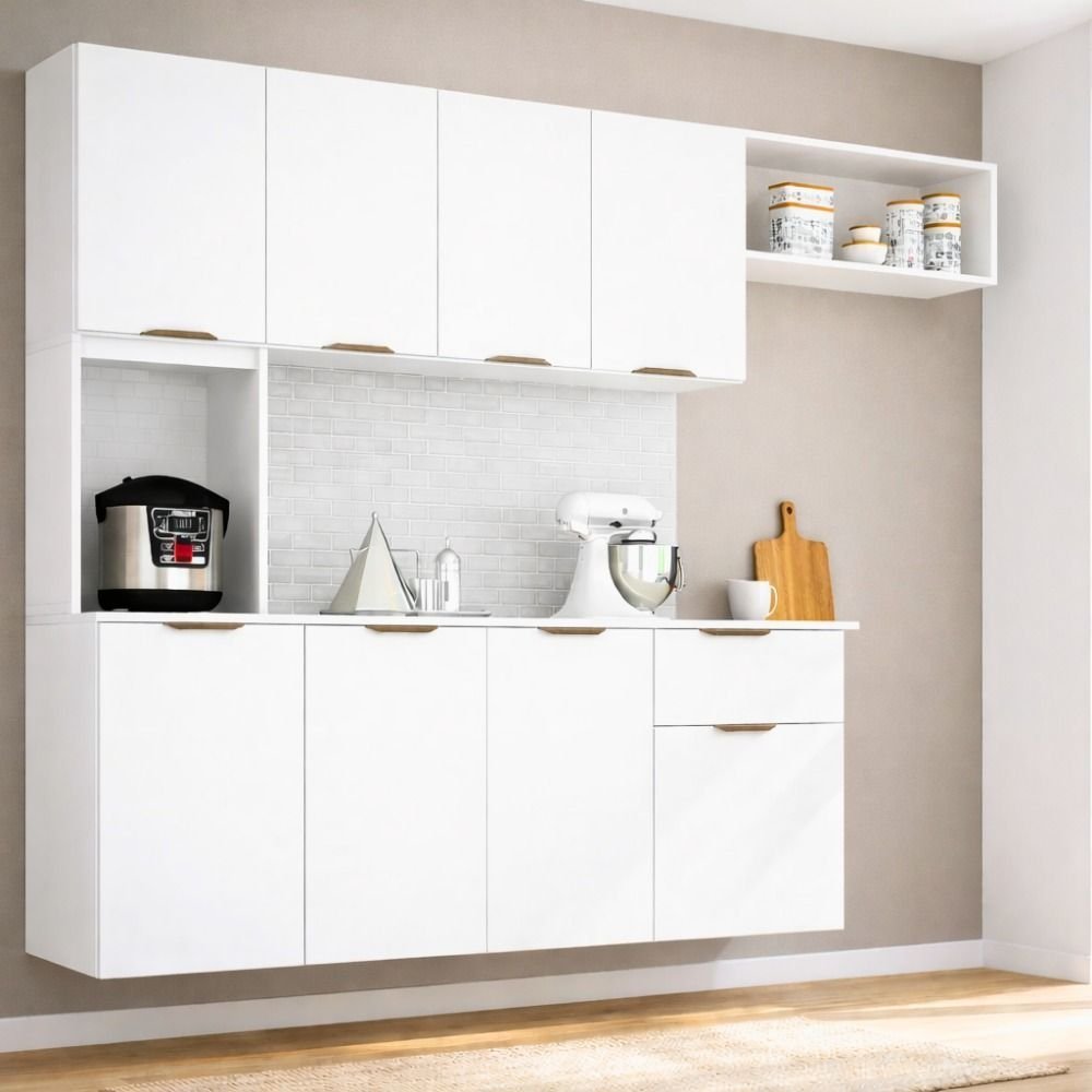 Cozinha Compacta Suspensa 8 Portas 1 Gaveta Nicho e Prateleiras Zarah Branco/Acetinado Branco Acetinado