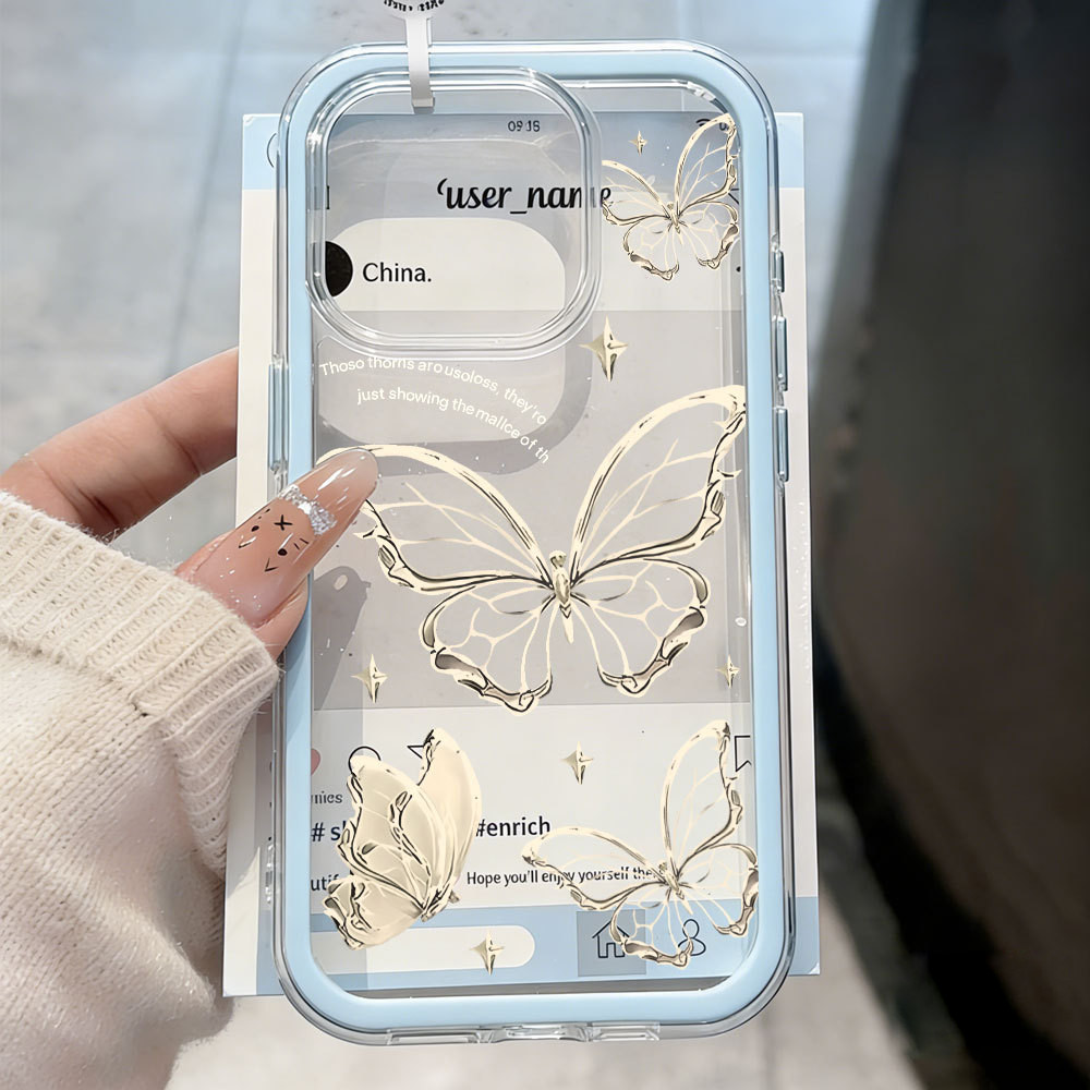 Capa 2 em 1 com Borboletas Ouro Branco para iPhone 17 Pro Max 13 11 12 16 15 14 Plus Transparente de Capinha SH