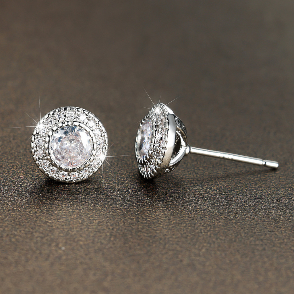 [Estoque pronto] Platina Super Piscando Redondo Cheio de Diamante Grande Zircão Brincos Meninas Joias Simples Pequeno Te