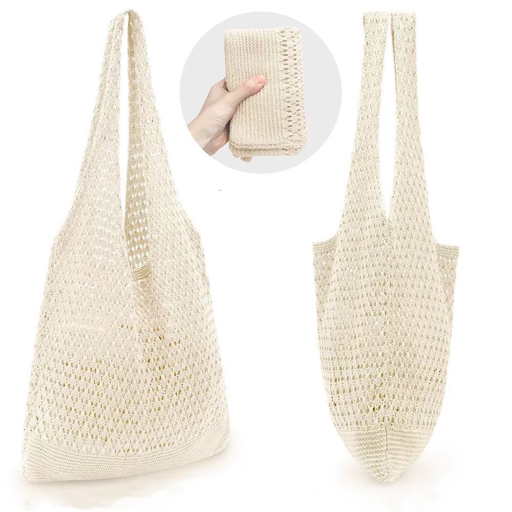 Bolsa Feminina de Crochê Vazada Grande para Ombro, Sacola Leve e Dobrável para Praia, Passeio e Compras B2372  TM