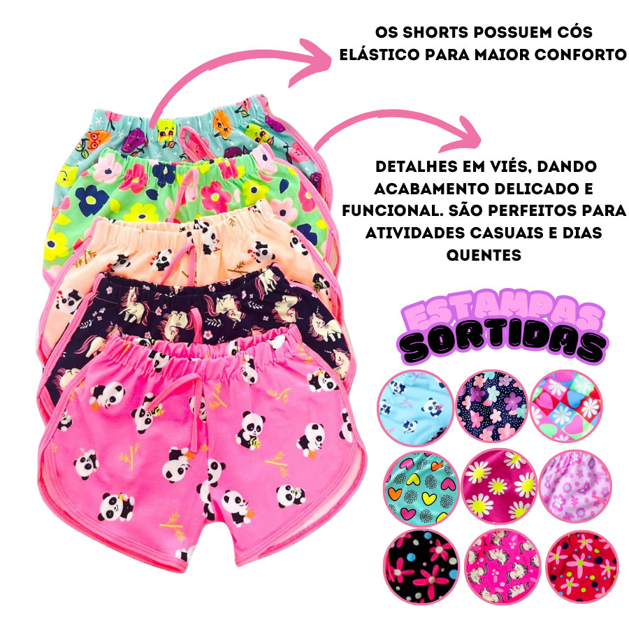 Kit 3 Shorts varias Estampado Infantil Menina – Cintura Elástica  ENVIO DE CORES E ESTAMPAS SORTIDAS