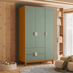 Guarda-Roupa Infantil 3 Portas e 2 Gavetas Kid em MDF Marrom/Cinamomo/Salvia Cinamomo/Sálvia
