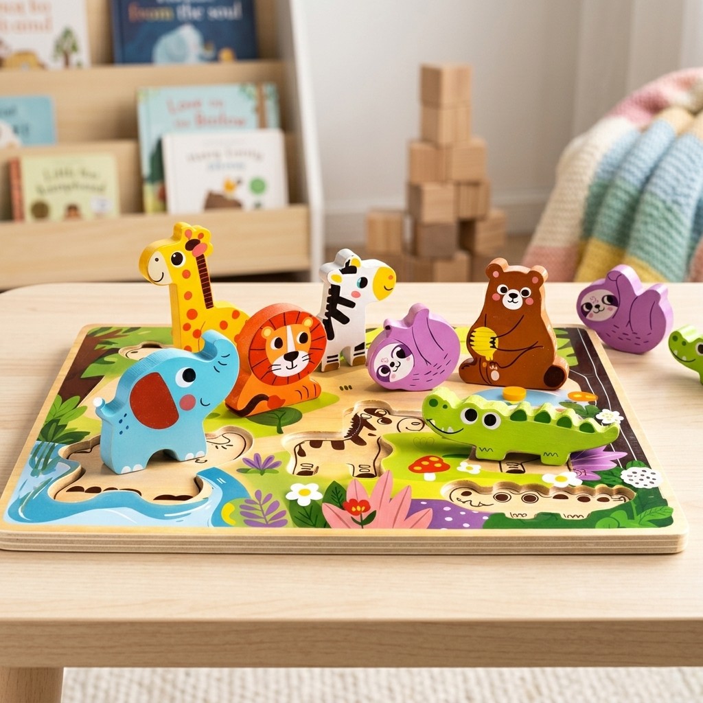 Brinquedo de Encaixe Animais da Floresta em Madeira Educativo Coordenação Motora 18m+