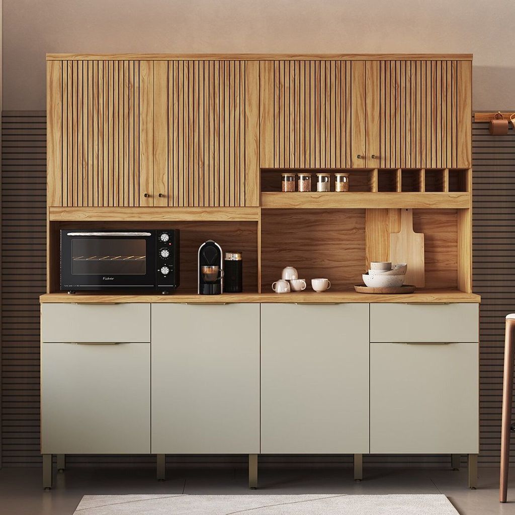 Armário de Cozinha Compacta 8 Portas 2 Gavetas e Mini Adega 200cm 100% MDF Hungria Espresso Móveis Bege/Amêndoa/Off