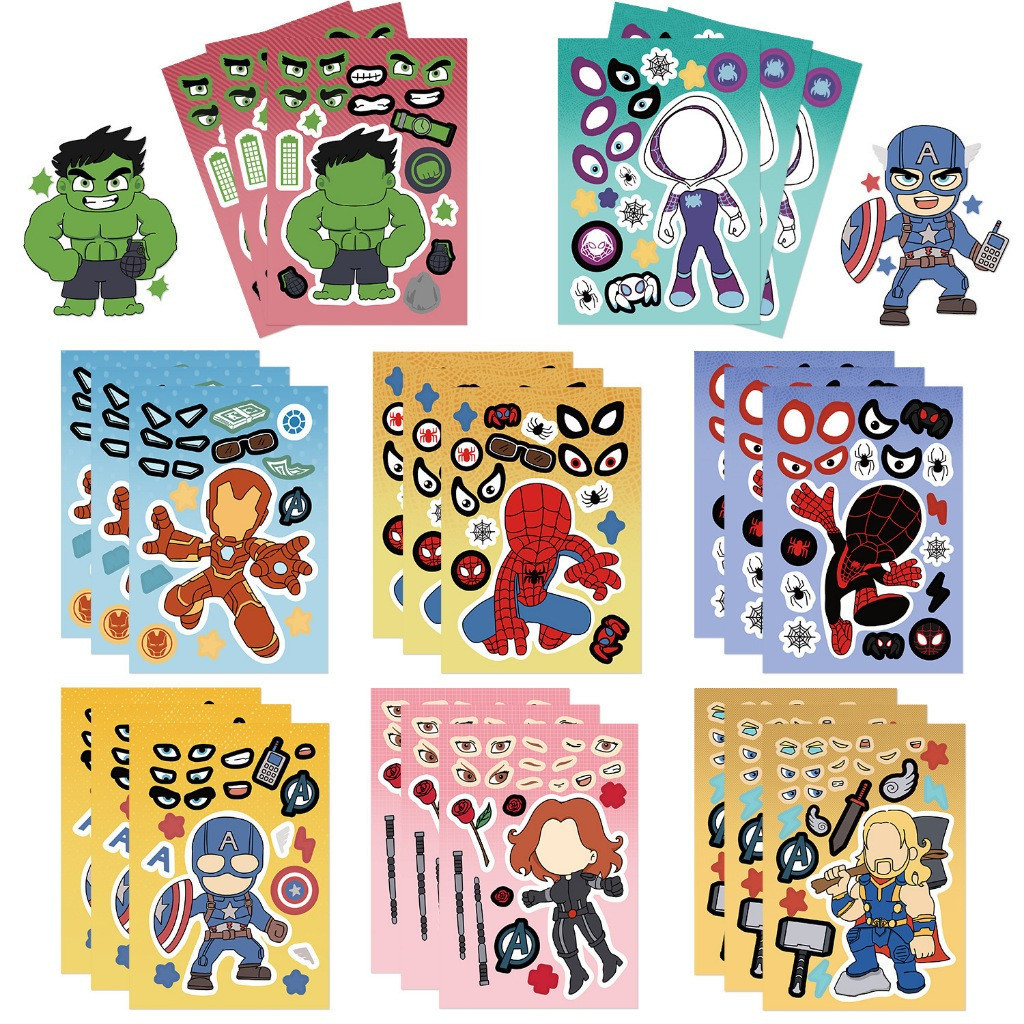 16 Folhas Crianças DIY Quebra-Cabeça Adesivo Spiderman/Homem De Ferro Rosto Engraçado Anime Montar Adesivos Brinquedos M