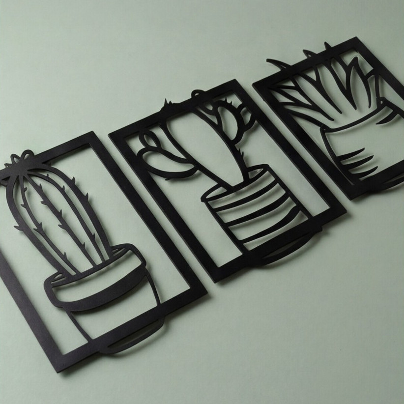 Conjunto 3 Quadros Cactos Suculentas MDF Preto 3D Vazado Parede Sala Quarto Decoração Moderna Boho