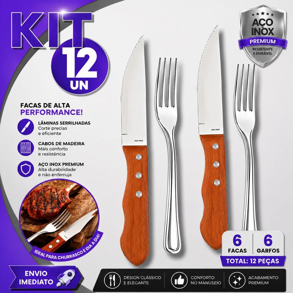 Kit 12 Garfos e facas Ou 6 Facas Talheres Para Churrasco Jumbo Wooden Faca Outback cabo De Madeira Aço Inox