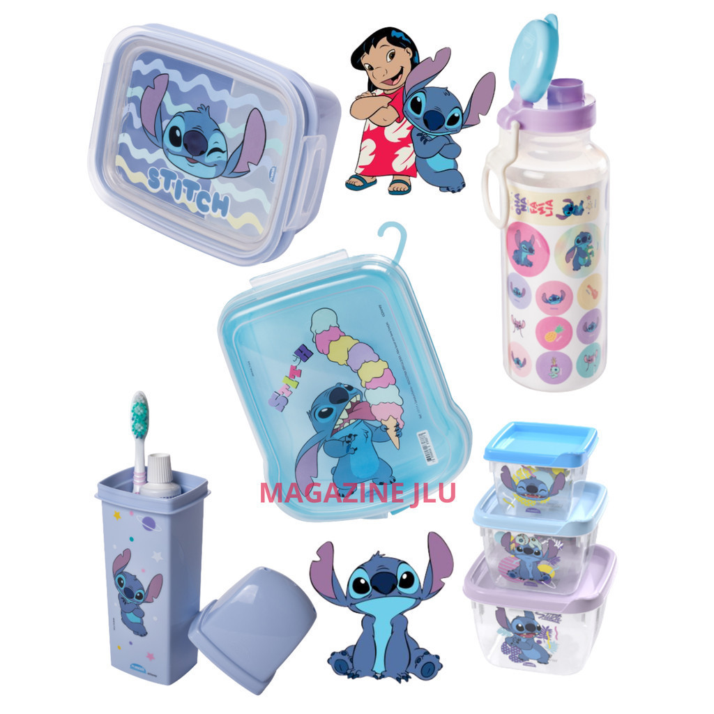 Kit 5un Marmita Garrafa 3 Potes Porta Escova Dente Sanduicheira Stitch Plasútil Infantil Lancheira