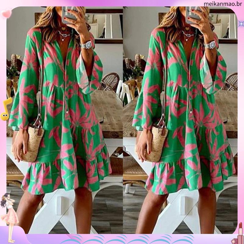Casual Boêmia Praia Férias Verdes Vestido Damas Moda Botão Flare Manga Largo