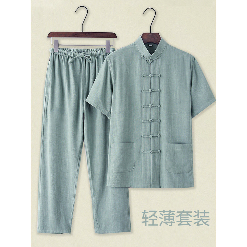Terno Tang para idosos de meia-idade masculino terno de manga curta retrô estilo chinês roupas masculinas verão linho an