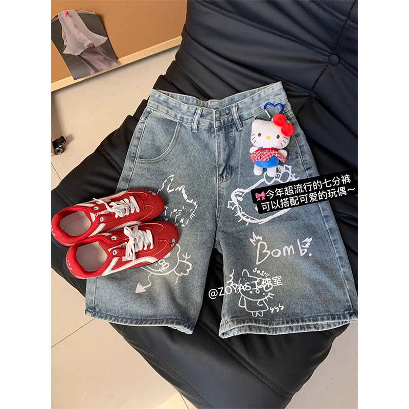 Tamanho grande gordura mm estilo americano diversão dos desenhos animados impresso Denim Shorts feminino verão novo esti