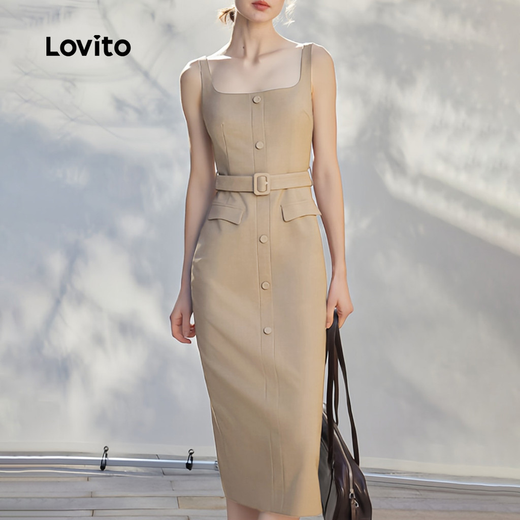Detalhes do (New) Lovito Vestido Elegante com Cinto Ideal para Deslocamentos Na Primavera/verão Cor Marrom mocha L150ED030