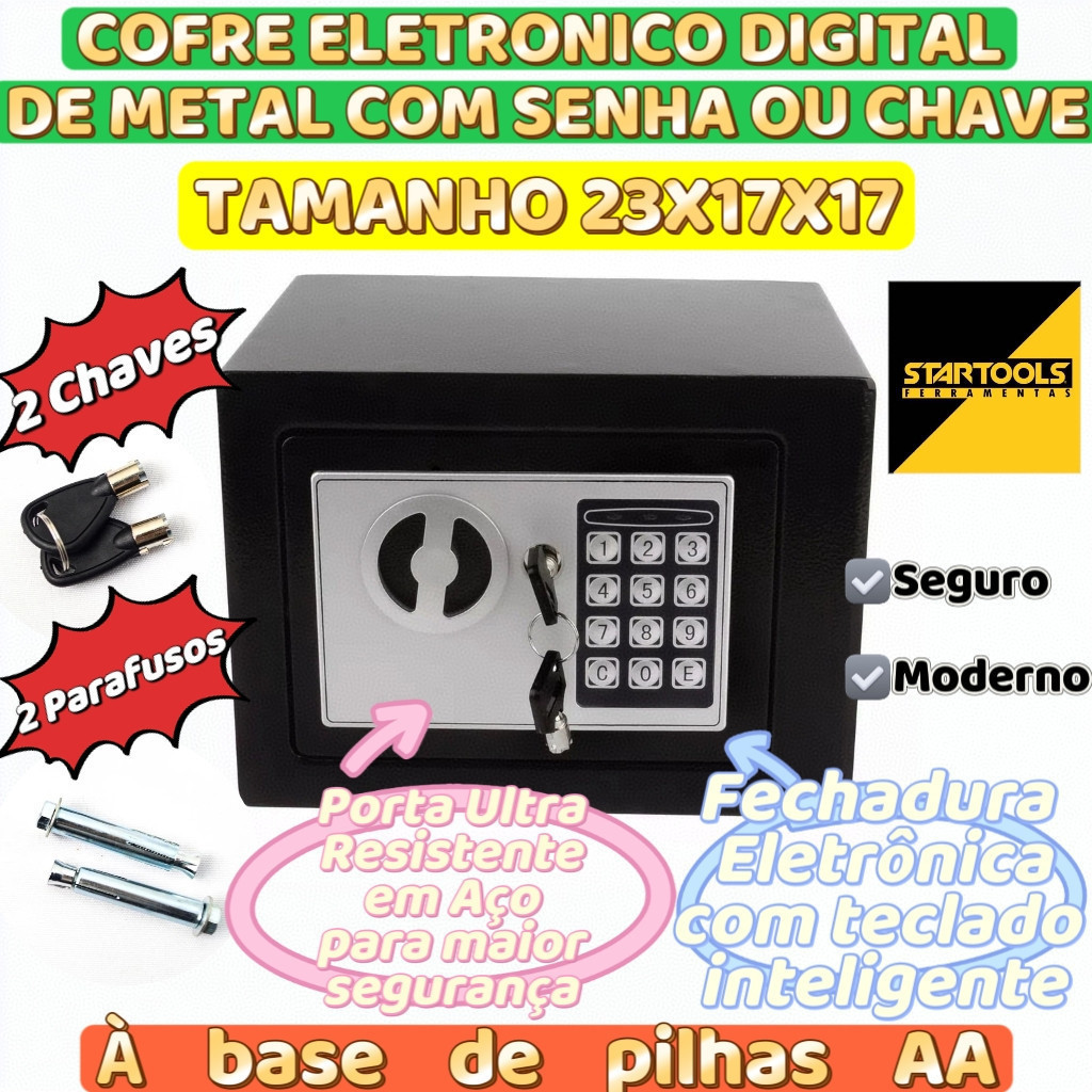 Cofre Eletrônico Moderno em Metal Startools com Senha ou Chave  Mais Seguro Tamanho 23x17x17 cm