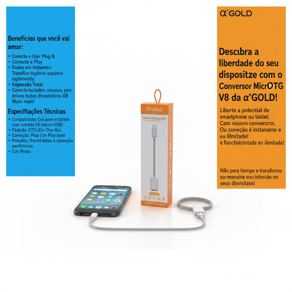 Adaptador Cabo OTG V8 Agold Micro USB Pen Drive Teclado Mouse Controle HD Externo e Impressora
