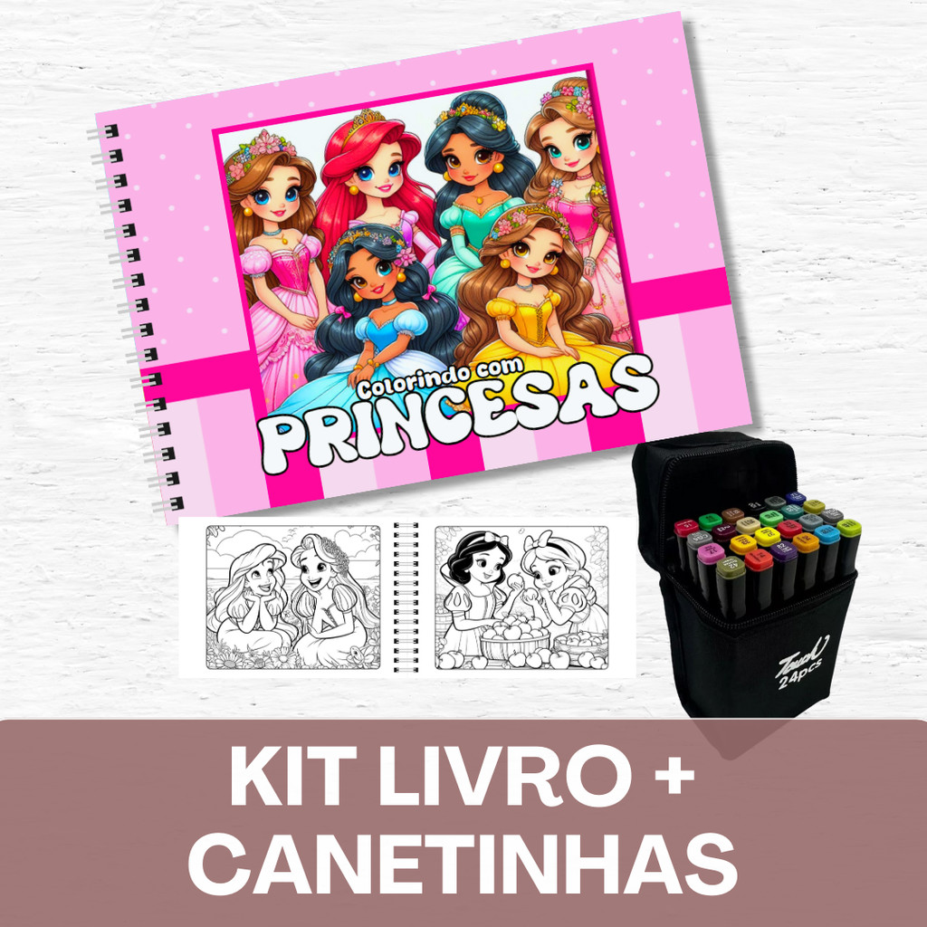 Princesas Encantadas– Livro de Colorir+ Canetinhas / 50 Folhas / Capa Holográfica em Oferta na Shopee