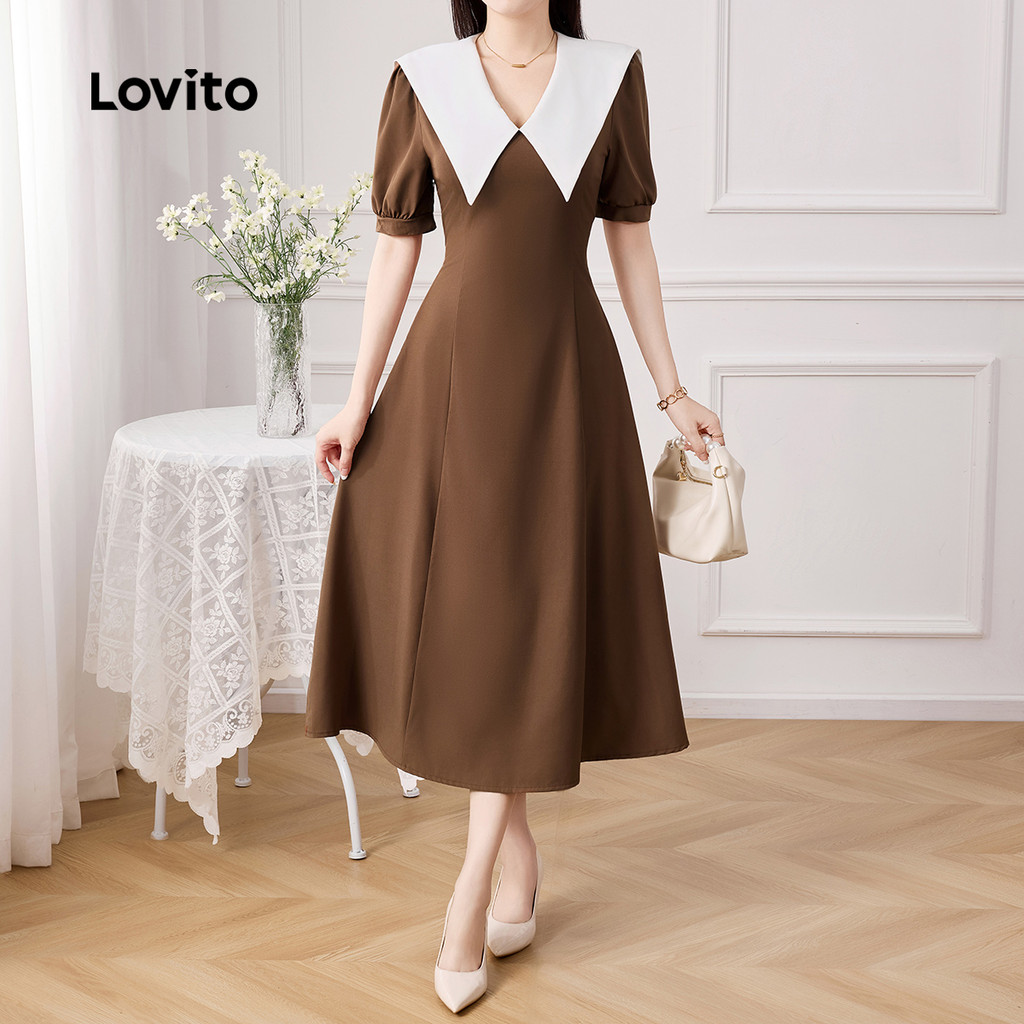 Lovito Vestido Elegante Marrom Com Gola Alta E Blocos De Cores Para Primavera/verão Para Mulheres L150ED096