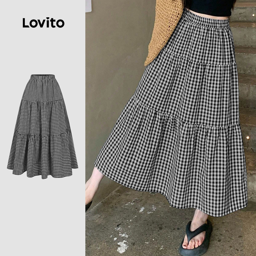 Lovito Saias Casuais de Camadas para Primavera/verão Saias Pretas e Brancas para mulheres L149LD012 em Oferta na Shopee